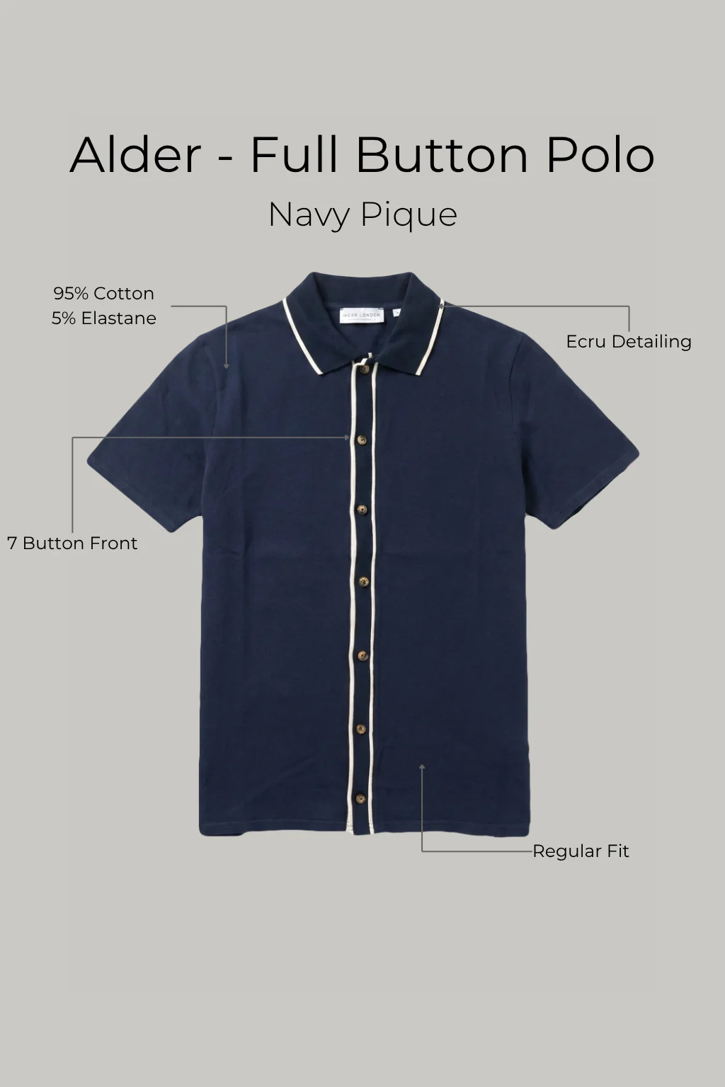Alder - Full Button Polo - Navy Pique - Image 5