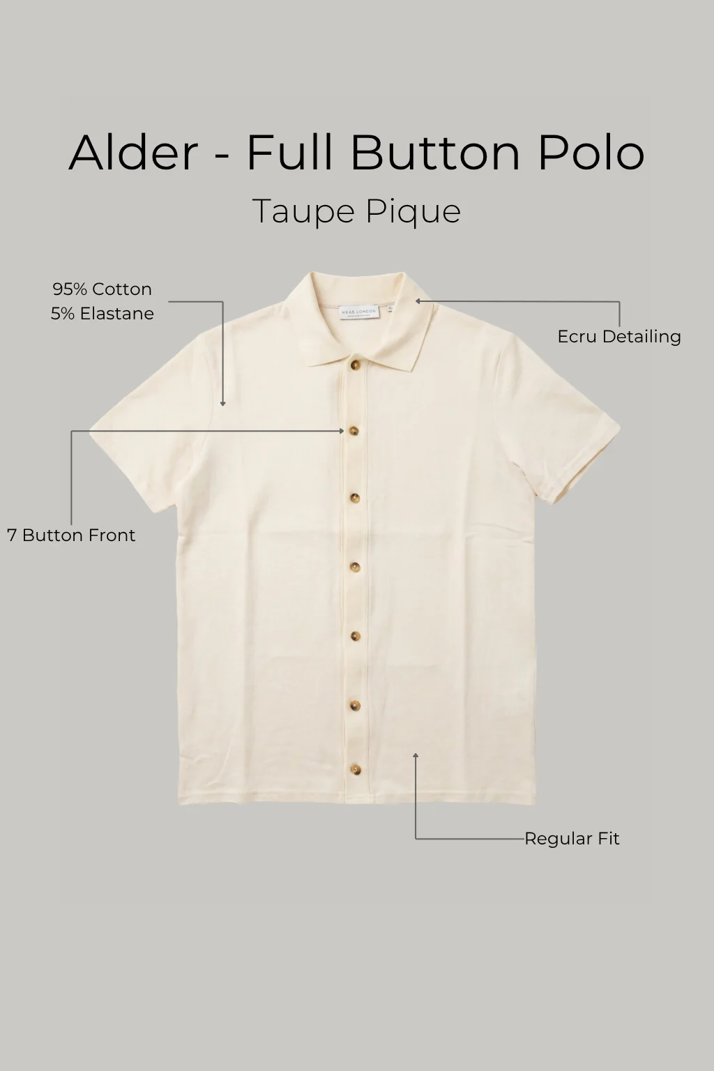 Alder - Full Button Polo - Taupe Pique - Image 3