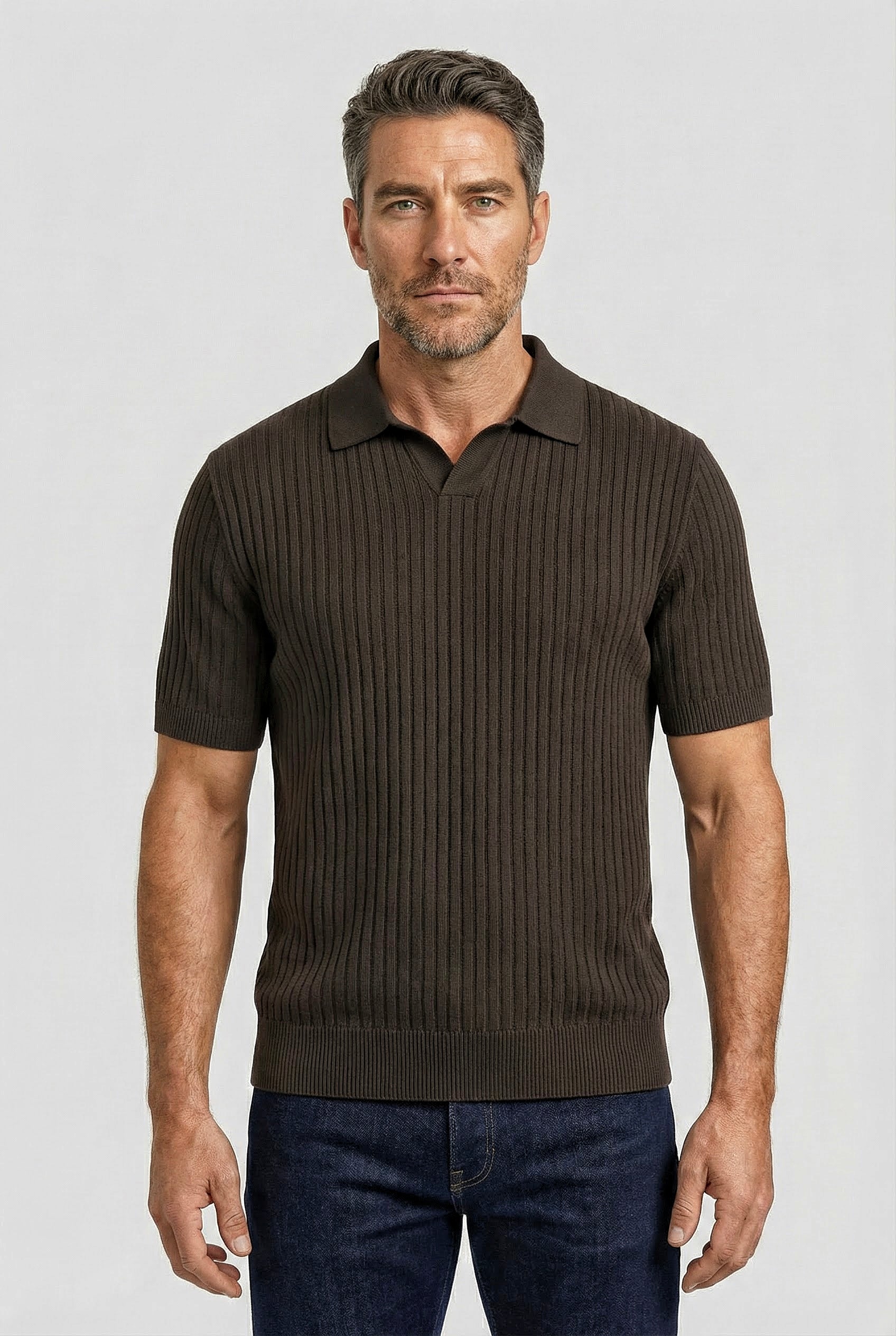 Barbican - V Neck Jacquard - Chocolate