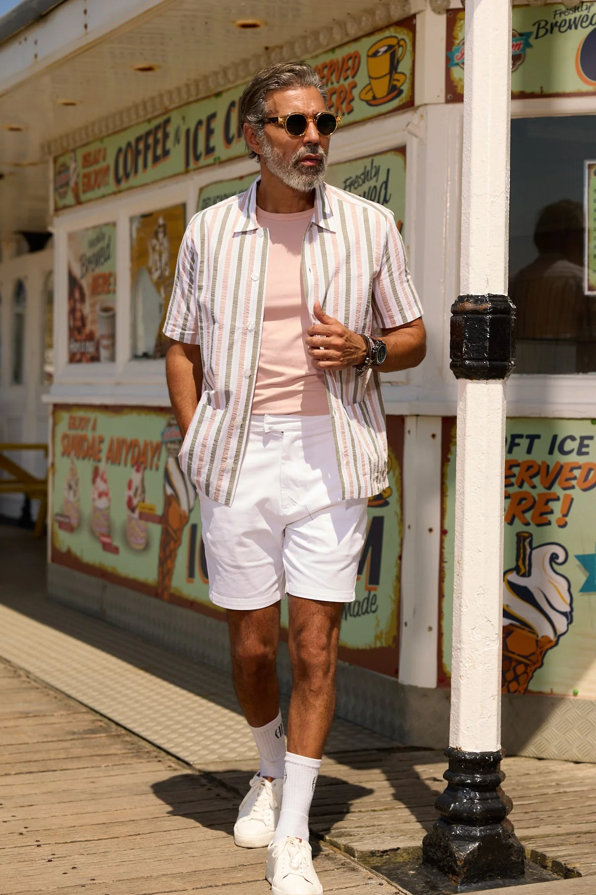 Bethnal Short Sleeve Shirt - Khaki Taupe Stripe Seersucker - Image 3