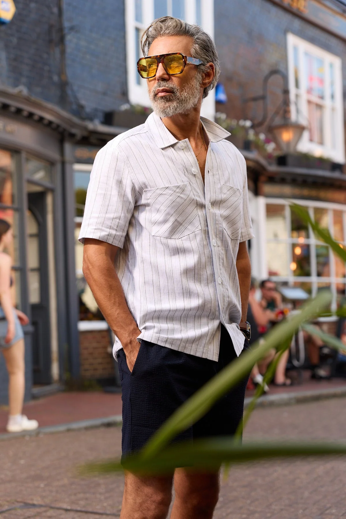 Bethnal Top Pockets - Green White Linen