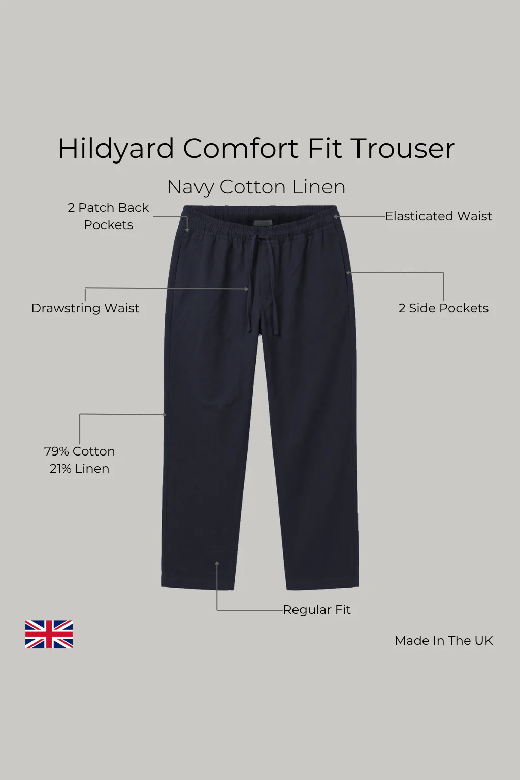 Hildyard Comfort Fit Trouser – Navy Cotton Linen - Image 3