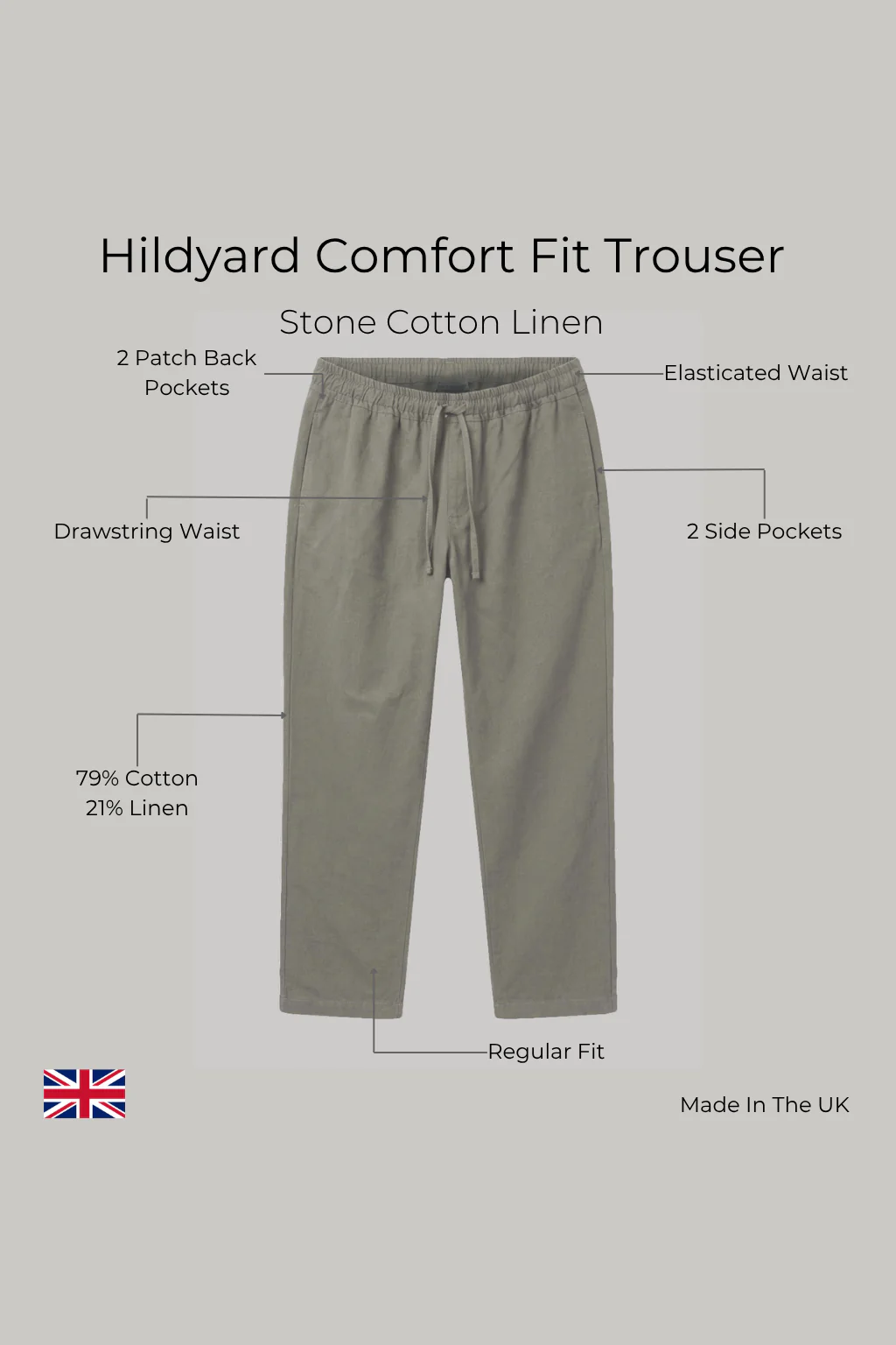 Hildyard Comfort Fit Trouser – Stone Cotton Linen - Image 3